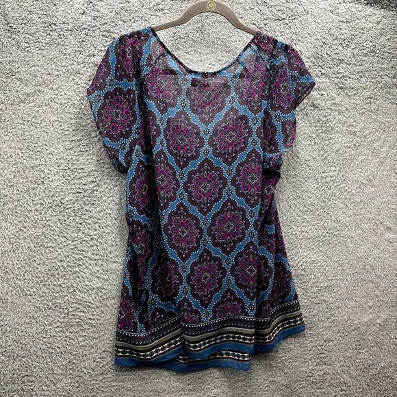 Beige by eci Large Sheer Blouse Beaded Neckline Colorful Boho Feminine Flowy - Picture 8 of 9